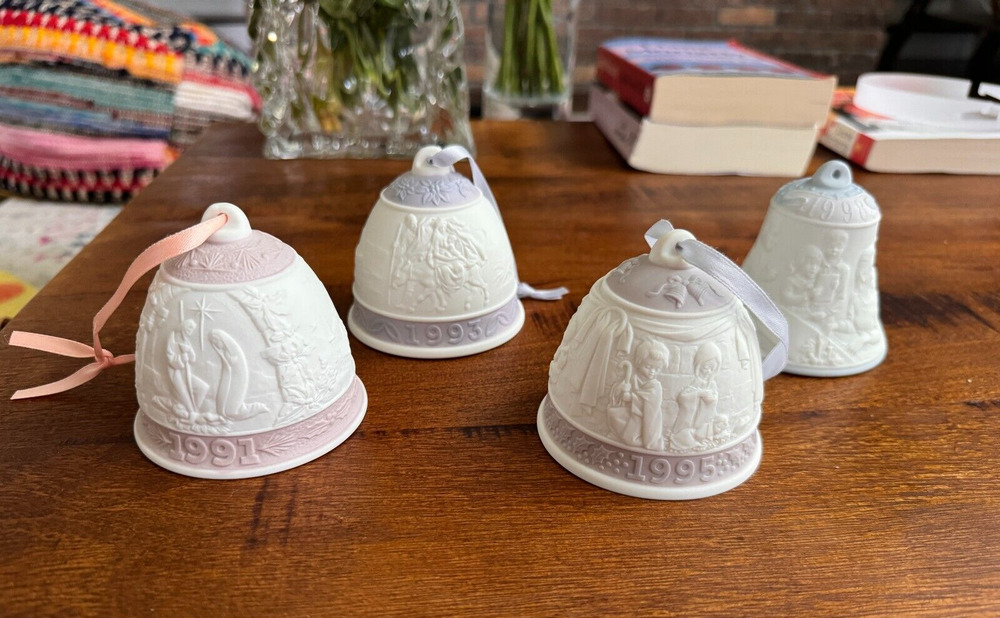 4 Lladro Christmas Bells 1991 1993 1995 1998 Ornaments Purple Pink Blue VINTAGE